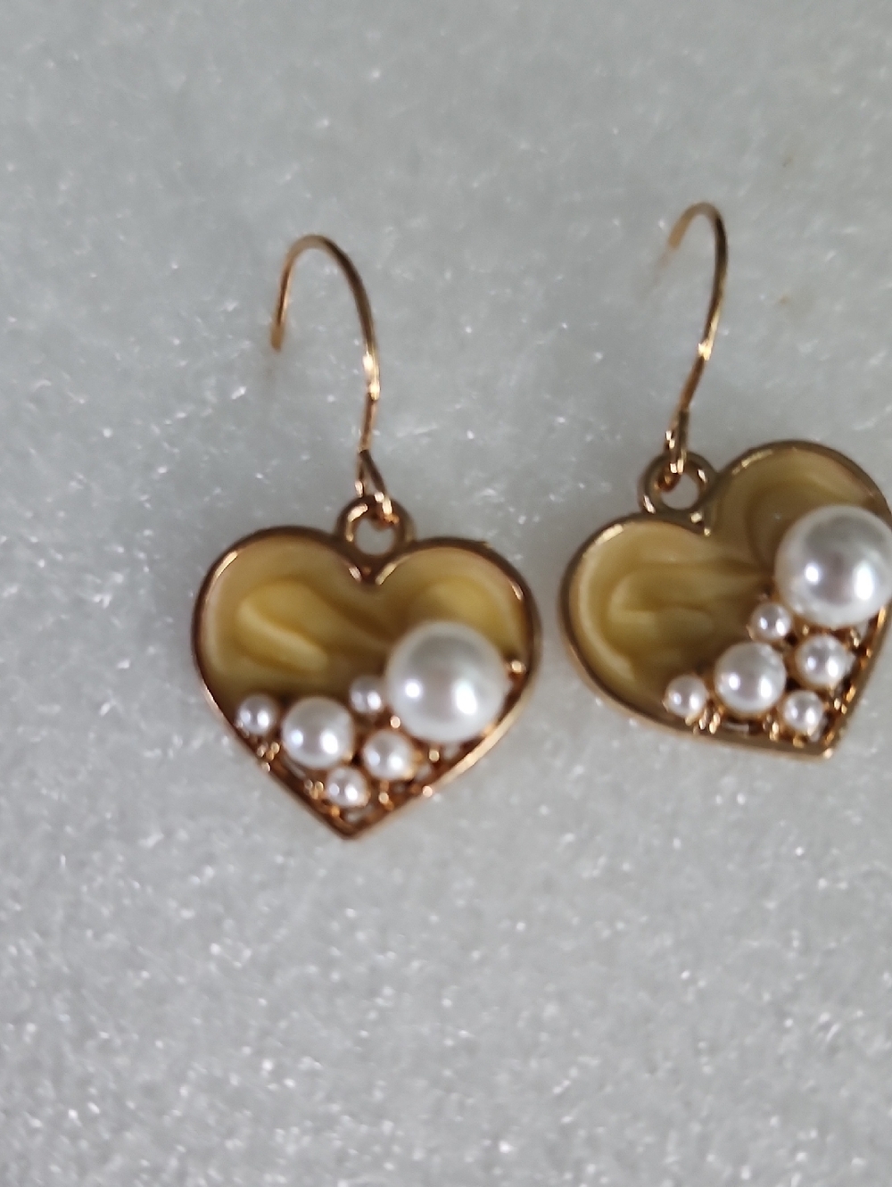 Hand Crafted Gold Heart Earrings with Cream Inlay and Pearl Clusters